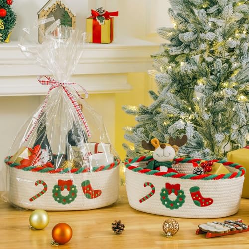 Image of Mothers Day Gifts Basket Empty for Mom Wife Women, Cotton Rope Gift Basket with 2 Greeting Cards | Ribbon | Cellophane, Storage Baskets With Concealed Handle For Baby Shower, Woven Storage Basket for Nursery Decorations, 14*10*5 inches