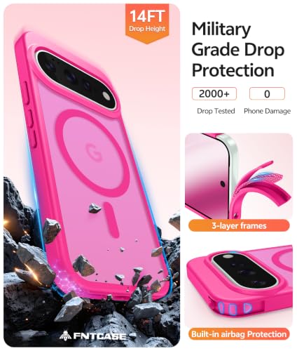 Image of FNTCASE for Google Pixel 11 Pro XL Case, Fit for Magsafe, Screen Protector | Translucent Matte Magnetic Back, 14FT Military Grade Drop Protection, Shockproof Protective Phone Cover, Hot Pink