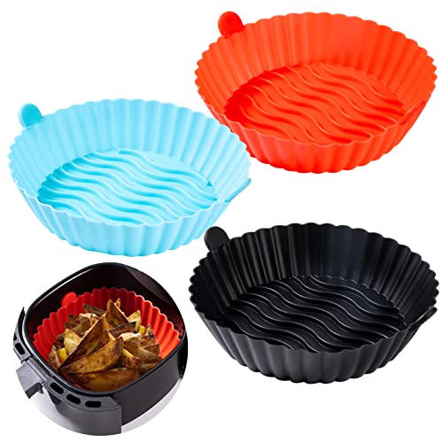 3Pcs Air Fryer Silicone Liners With Handle- 6.3In Food Safe Air Fryer Silicone Pot For 3 To 5Qt No Harsh Cleaning, Reusable Round Air Fryer Baskets Replacement For Parchment Liner Paper #TOP6
