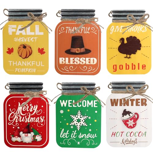 Christmas & Thanksgiving Fall Decor 3PCS Double-Sided Wooden Holiday Signs