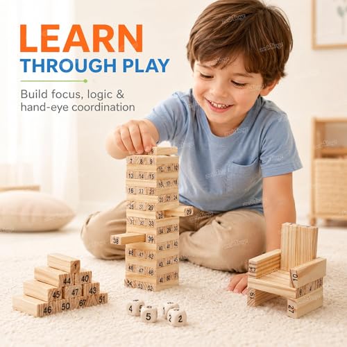 Image of Zest 4 Toyz Wooden Building Blocks Puzzle Game Wooden Stacking Tower Game for Kids 48 Pcs Numbered Wooden Blocks Family Board Game Dice Game Educational Learning Indoor Games for Kids