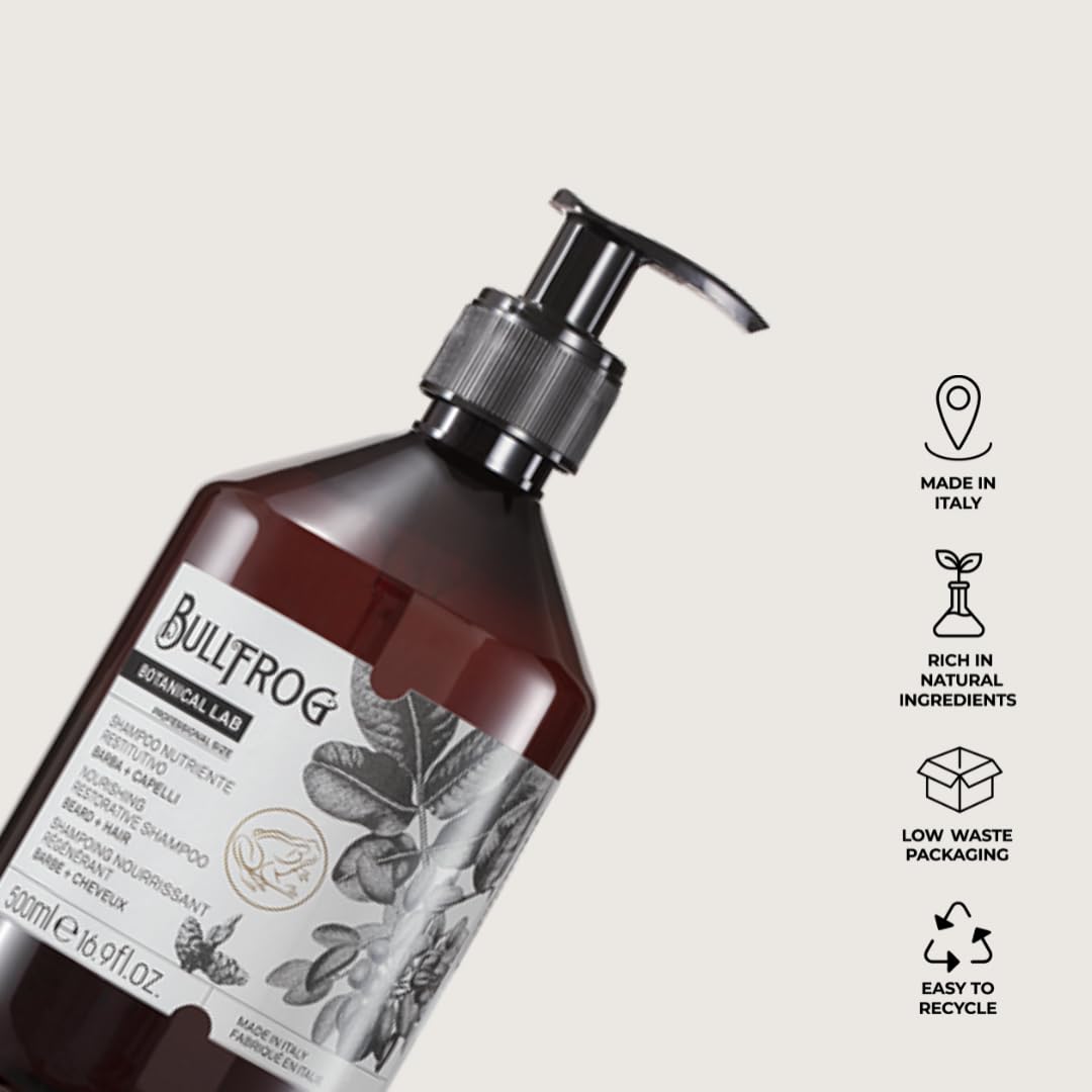 Bullfrog Restorative Nourishing Shampoo for Hair and Beard - Soothing and Revitalizing Properties - Sweet and Greedy Notes - Made in Italy - 500 ml - Image 2