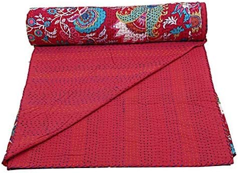 Indian Mukut Print Handmade Kantha Throw Blanket Bohemian Quilts Hippie Reversible Stitched Bedding Gudri 60X90 Inches