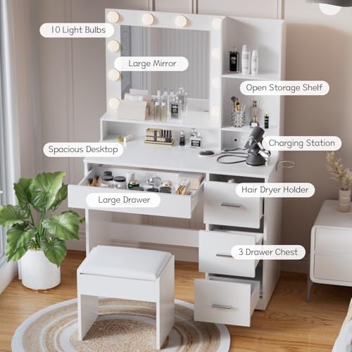 Image of YESHOMY 39 inch Vanity Desk with Mirror & Lights, Makeup Vanity Table with Power Outlet & Storage Drawers, 3 Color LED Lighting, Dressing Table for Bedroom, White