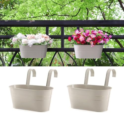 Konom 2pcs Vasi di Fiori da Appendere Vasi di Metallo Esterno Vaso Sospeso Portafiori Pensili con Doppio Gancio Rimovibile per Balcone Recinzione Casa Decorazione