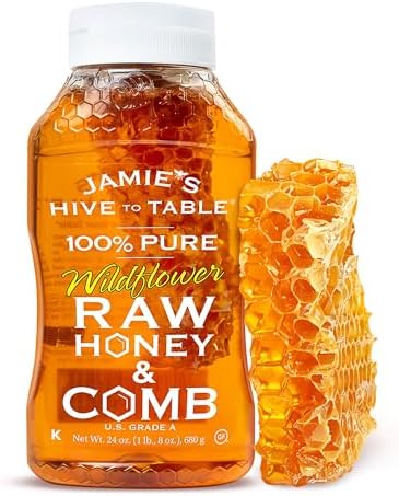 Jamie's Hive To Table 100% Pure Wildflower Honey with Honeycomb, 24 Oz โ USA Made Raw & Unfiltered Honey โ Fresh Edible Honeycomb โ All-Natural Sweetener โ Rich Flavor Profile, Packed with Nutrients