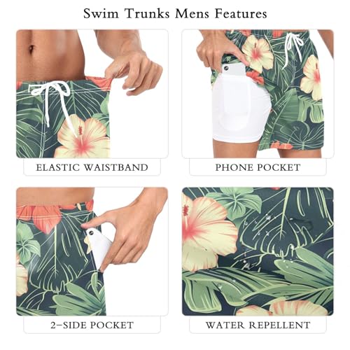 Mens Swim Trunks with Liner, Tropical Palm Tree Floral Cool Quick Dry Beach Swim Shorts, Swimwear Bathing Suits S3
