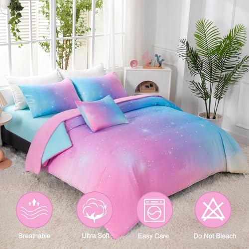 Image of 6 Pcs Girls Twin Comforter Set with Sheets Colorful Rainbow Pink Blue Ombre Kids Bedding Sets Tie Dye Galaxy Glitter Bed in A Bag for Bedroom (Pink Blue, Twin)