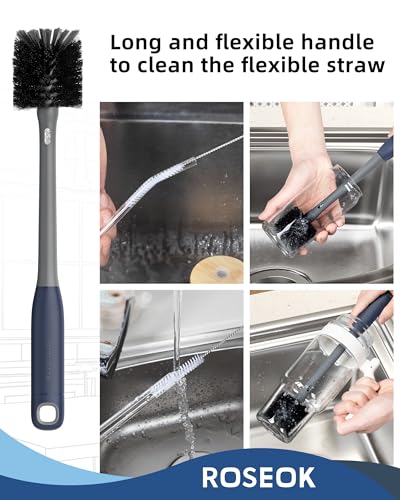 Image of ROSEOK 2 in 1 Bottle Brush with Straw Cleaner Brush, Water Bottle Brush | For Cleaning Glass, Sports Bottle, Coffee Mug, Cup Cleaner, Gray, 1 Pack