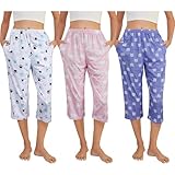 YIJIU Womens 3 Pack Lounge Pants Loose Comfy Capri Pajama Pants Cute Cat Print Pj Bottoms with Pockets,Pink Purple White,XXL