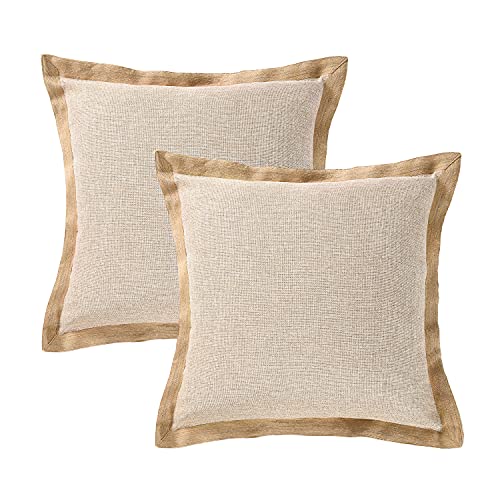 Homechoice Decor Decorative Throw Pillow Covers, Linen Pack of 2 Burlap Trimmed Cushion Cases with Zipper Closure, Retro Countryside Woven Throw Toss Pillow Cases for Love Seat, 20x20 Inch (LQ-15)