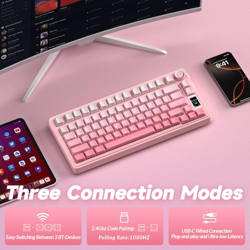 Image of AULA S75 PRO Wireless Mechanical Keyboard with Screen&Knob, Tri-Mode Hot Swappable Gaming Keyboard 75%, Pre-lubed Switches, RGB Backlit, Side Printed PBT Keycaps, Creamy Sounding Pink Keyboards