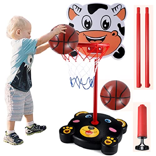 PELLOR Panier de Basket Enfant Hauteur Réglable de 93-170 cm Mini Panneau Panier Basket Exterieur Intérieur Jeux de Basket Ball Kit avec Pompe à Cerceau, Filet, Ballon, Décoration de Dessins Animés