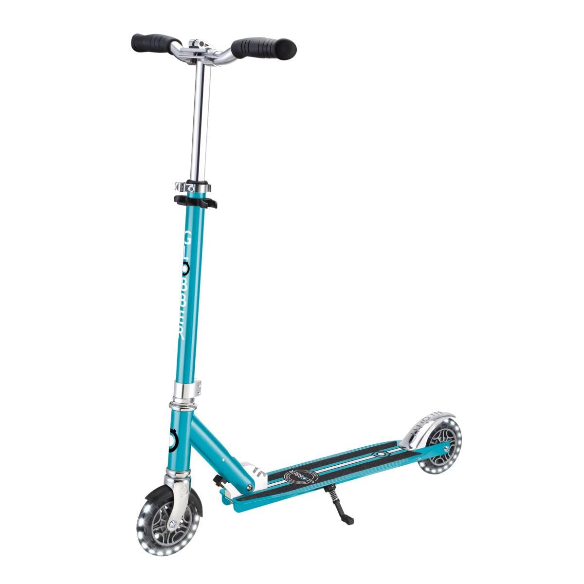 Globber - Flow Element Lights - 2-Wheel Folding Scooter with LED Light, Rear Brake and Adjustable Handlebar, Ages 5 for Kids and Teens - Aqua Blue