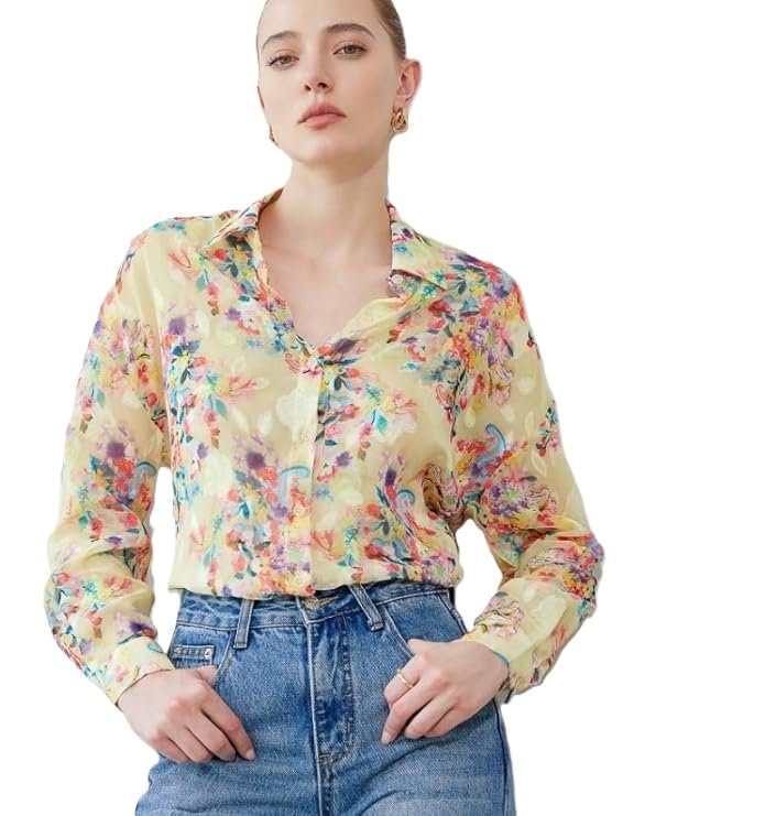 Image of Women Shirt || Women Top ||Floral Print Polo Collar Shirt, Casual Long Sleeve (S-26-28)