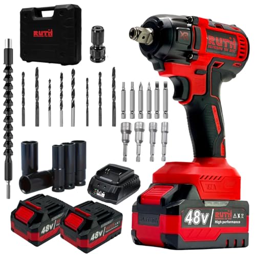 Image of RUTH 4-in-1 Cordless Impact Wrench /Driver Drill 48V, 850Nm Torque, 2x5.0Ah Li-ion Batteries, Variable Speed, LED Light | 30-Piece Kit of Sockets & Bits, Fast Charger & Carry Case. (Red And Black)
