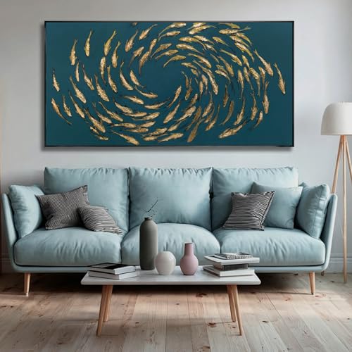 Image of Large Framed Wall Art Fish Gold Artwork Ocean Animal Canvas Print Pictures for Wall Fishes Golden Arts Home Decorations 29 inchx58 inch Ready to Hang