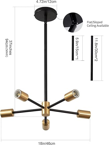 Miniatura 3 de Sputnik - Lámpara de techo negra y dorada, altura ajustable, E27, moderna lámpara de techo para sala de estar, dormitorio, comedor, cocina, oficina