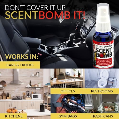 Image of Scent Bomb Air Freshener Spray, Long-Lasting Odor Eliminator - Effective Deodorizer for Home & Car, Fresh Room Spray for Kitchen, Bathroom & Smell Neutralizer - 1 oz Pack of 4, Love Potion Scent