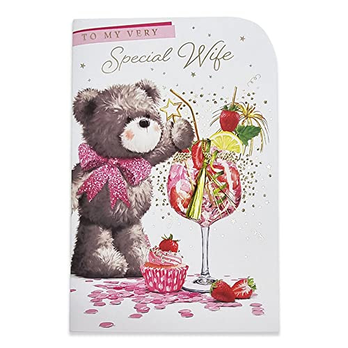 Bonita tarjeta de cumpleaños para esposa – Tamaño 24 cm x 16 cm – 100% reciclable – Respetuoso con el medio ambiente – Recibido con amor (oso con cóctel)
