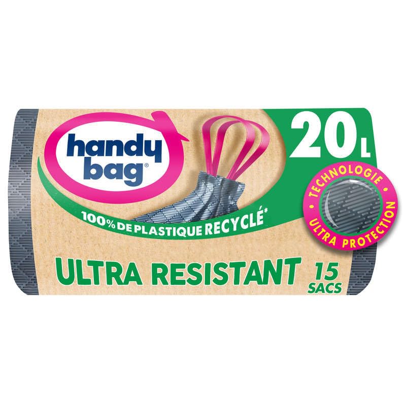 Handy Bag - Bolsas de basura con asas deslizantes, ultra resistente, 20 x 15 bolsas, ultra protección: marco y película de triple grosor, fondo antifugas, estanqueidad máxima - 100% plástico reciclado