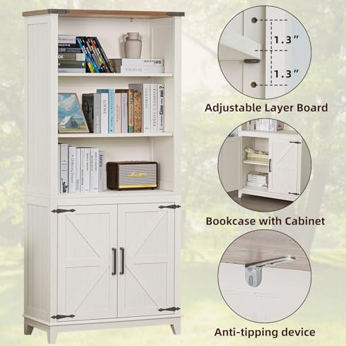 Joaxswe 5 Tier Bookshelf 70in Tall Bookcase with Barn Doors and Storage Cabinet, White Farmhouse Book Shelf with Adjustable Shelves, Wood Freestanding Display Bookshelves for Bedroom, Living Room - Thumbnail 7