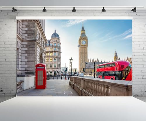 CHNYWORK 7x5ft London Street Backdrop Red Telephone Box Double Decker Bus Parliament Square Big Ben Clock Tower Background Europe UK Travel Birthday Wedding Party Decor Portrait Photo Booth Props by CHNYWORK - Used condition - Image 2