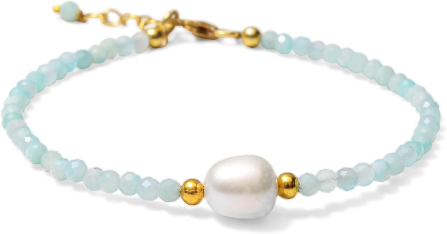 A&M Gems 2.5-3 mm Natural Gemstone Round Faceted Beaded Bracelets with Pearl Crystal Jewelry Gold Plating Lock & 1 Inch Adjustable Chain Handmade Bracelet Gifts for Women 7 Inch Bracelet