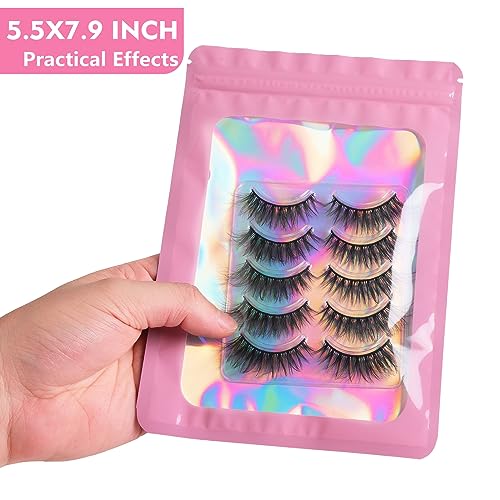 Durimoiy 100 pcs Pink Holographic Packaging Bags,Clear Resealable Flat Foil Pouch Zipper Bag for Food Storage,Hand Craft,Eyelash Packing for Small Business(5.5x7.9In) by Durimoiy - Image 3