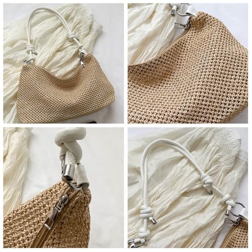 Large Capacity Rattan Handbag Cute Handmade Braid Shoulder Bag Summer Beach(Khaki)3