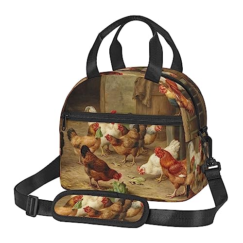 PIXOLE Bolsa de almuerzo aislada, bonito organizador de almuerzo, la bolsa de almuerzo portátil para todos, pollo asado, gallina, granja impresión