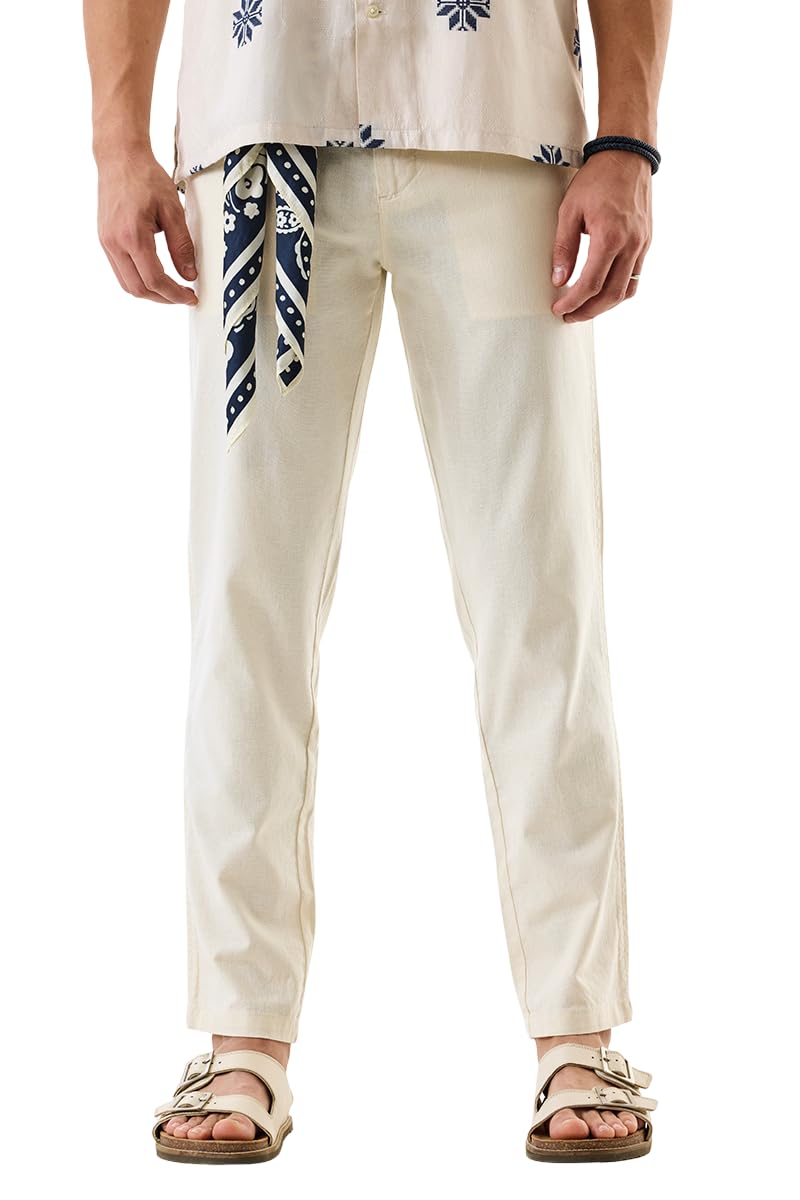 Men Casual Trousers | Slim Fit Mid Rise Textured Design | Cotton Linen Blend & Breathable Fabric for Summer & Street Wear-image-43