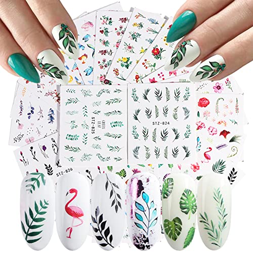 29 Sheets Flowers Nail Art Decals, Holographic Flower Leaf Nail Water Transfer Decal Design, Floral Leaves Butterfly Nail Art Stickers For Women Girls Manicure Charms Decorations, Resin Nail Decal #TOP30