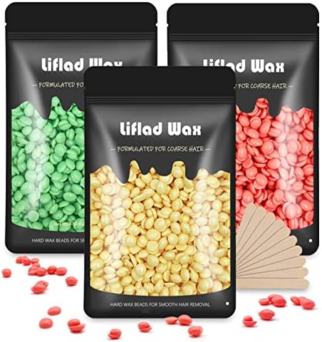 Liflad Wax Beads for Coarse Hair Removal Kit – 3 Pack Depilatory Hard Wax Beans with Spatulas – Wax Refills for Face, Eyebrow, Back, Chest, Bikini Areas, Legs - Perfect Refill for Any Wax Warmer