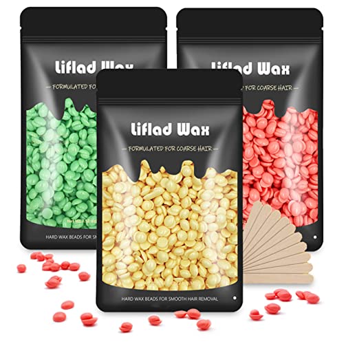 Liflad Wax Beads For Coarse Hair Removal Kit – 3 Pack Depilatory Hard Wax Beans With Spatulas – Wax Refills For Face, Eyebrow, Back, Chest, Bikini Areas, Legs - Perfect Refill For Any Wax Warmer #TOP3