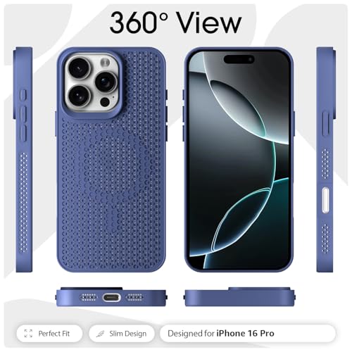 Image of Pikkme Back Cover for iPhone 16 Pro | Honeycomb Cooling Design | Silicone Heat Dissipation | Mag-Safe Compatible | Shockproof Camera Protection Bumper Case (Blue)