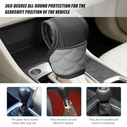 HZEL Car Gear Shift Knob Cover, Leather Anti Slip Vehicle Gear Shifter Stick Protector, Automotive Interior Shifting Handle Lever Decoration, Universal for Automobile RV Truck (Gray)