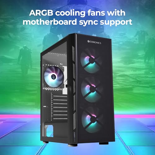 Image of ZEBRONICS AERO Mid-Tower Premium Gaming Cabinet EATX /ATX /M-ATX, 3X 120mm Front + 120mm Rear Fan, ARGB Inner Glow, LED Control, Hinged Tempered Glass Side Panel, USB 3.0(Black)