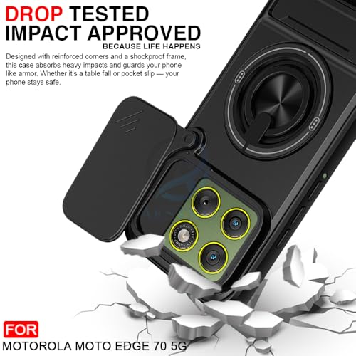 Image of AESTMO Moto Edge 70 5G Back Cover | Armor Camera Slider 360 Degree Rotating Finger Ring Holder Case with Bracket Stand Back Case Cover (Compatible with MagSafe Wireless Charging)(Black)