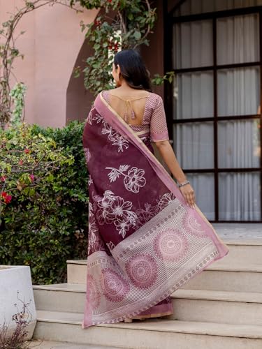 Image of SIRIL Women's Printed Cotton Linen One Minute Ready to Wear Saree With Unstitched Blouse Piece