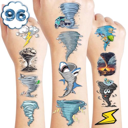96PCS Tornado Pre-Cut Temporary Tattoos – Twonado Theme Birthday Party Decorations, Cute Storm Stickers Favors, Gifts for Kids Boys Girls, School Supplies, Prizes, Rewards