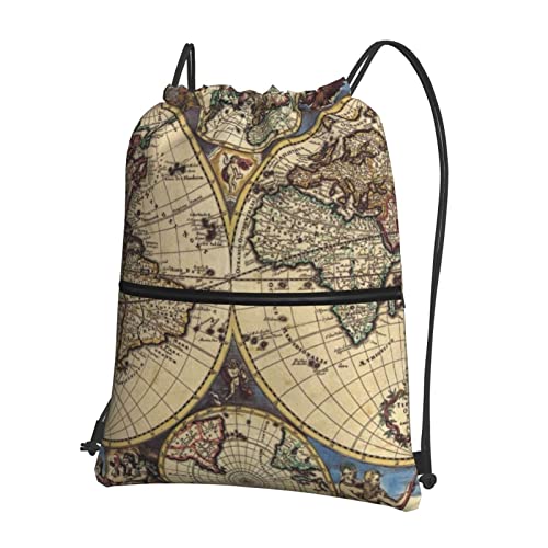 AvImYa Mochila com fecho de cordão e design de mapa antigo, com bolso com fecho de correr (39 x 46 cm), preto, tamanho único, Preto