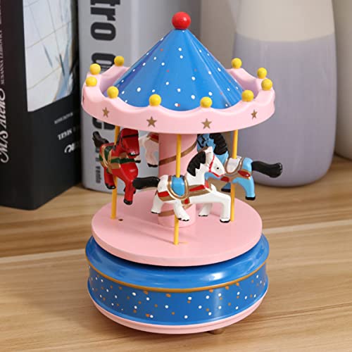 Lifkome Carousel Music Box, Wooden Carousel Music Box 3- Horse Figurine Rotating Music Box Merry- Go- Round Wooden Musical Box For Christmas Birthday Valentines Gifts (Style 3, Pink Blue) #TOP4