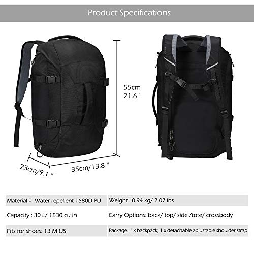 Hynes Eagle Travel Backpack 4 Way Duffel Backpack Water Repellent Gym Sports Bag for Women Men, Black