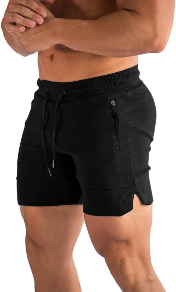 Ouber Men's Fitted Gym Shorts Weightlifting Squatting Workout Jogging Short with Zipper Pocket