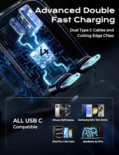 LISEN Retractable Car Charger USB C, 69W USB C Car Charger Adapter with Dual Type C Cables, PD 30W Fast Charging Cigarette Lighter Adapter for iPhone 16 15/Samsung/Android