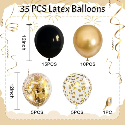Image of Black and Gold Balloons, Birthday New Year's Eve Prom Wedding Party Balloon | Black and Metallic Chrome Gold Confetti Balloons for Father's Day Graduation Class OF 2026 Anniversary Retirement Party Decor