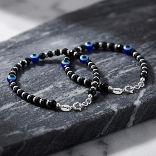 Image of Parnika (Formerly MJ 925 Traditional Silver & Black Crystals Baby Nazariya Kids Silver Bracelet in Pure 92.5 Sterling Silver for Kids - One pair