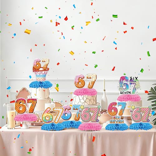 Image of 6 7 Birthday Decorations, Funny Six Seven Donut Ice Cream Table Honeycomb Centerpieces for Kids Teens Adults 67 Meme Themed Party Favors Supplies