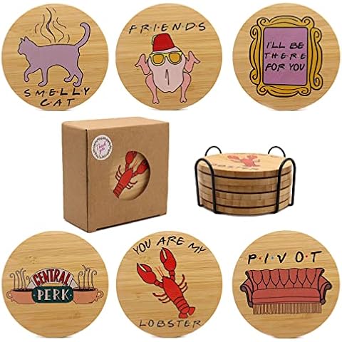 Puluole Drink Coasters Set of 6,Funny Wooden Coasters with Holder,Wood Coaster for Home Decor,Funny Friends Merchandise,Friends TV Show Gifts for Women and Men Cover